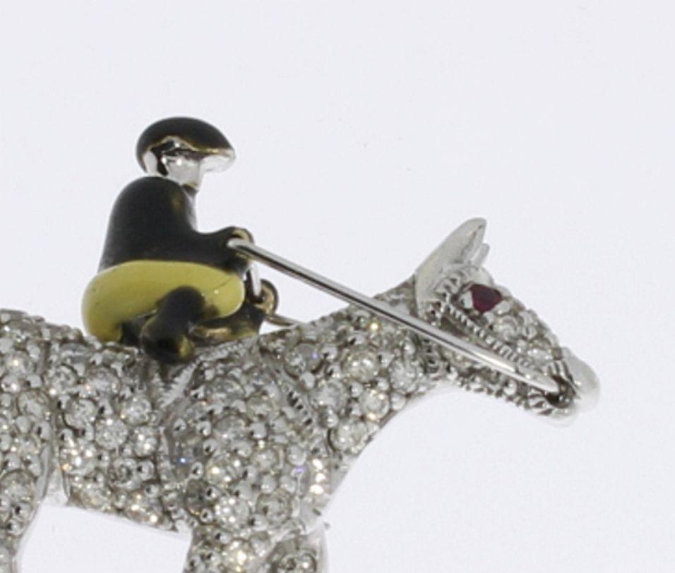 Women's or Men's 18 Carat White Gold Diamond Brooch in the Form of a Rider on Horseback For Sale