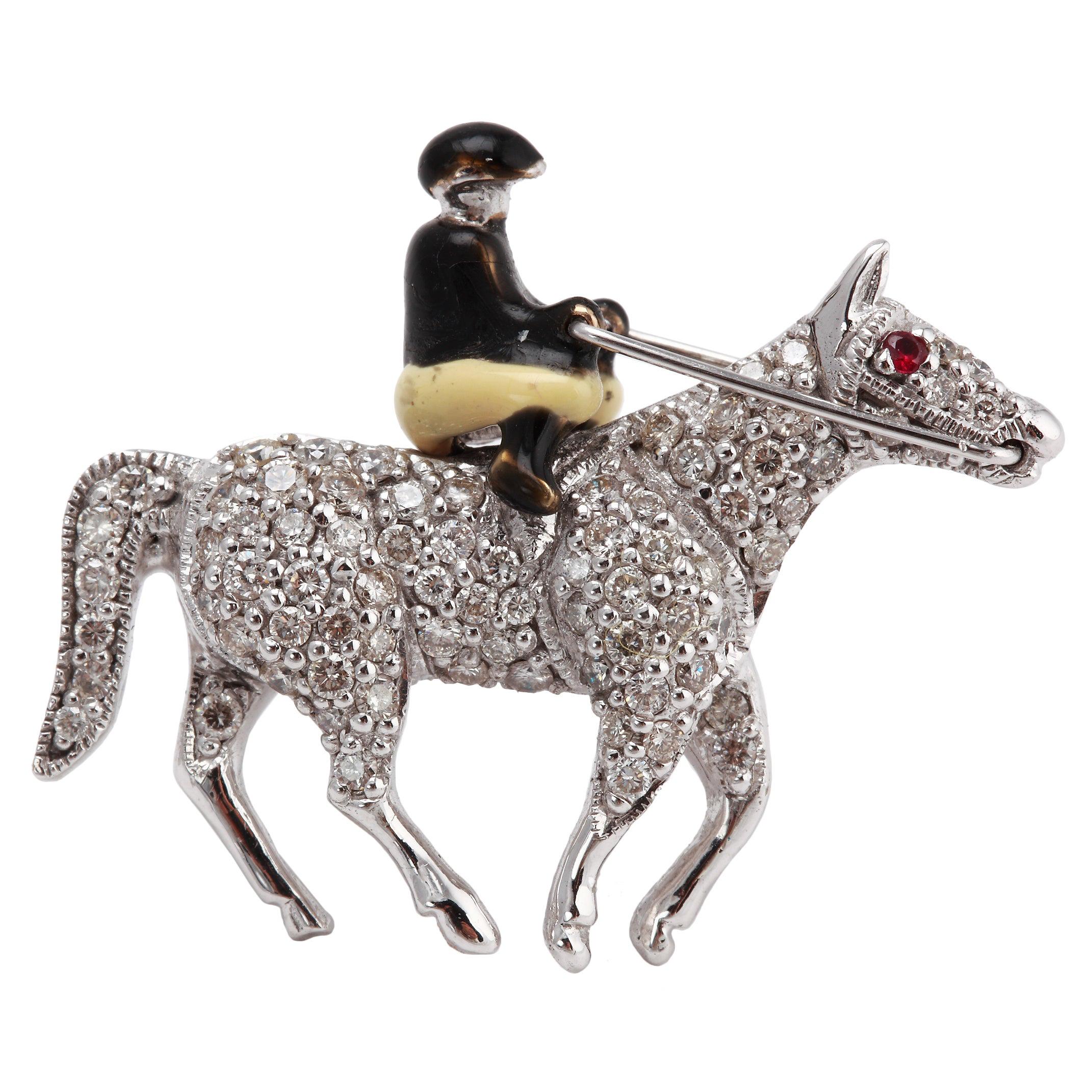 18 Carat White Gold Diamond Brooch in the Form of a Rider on Horseback For Sale