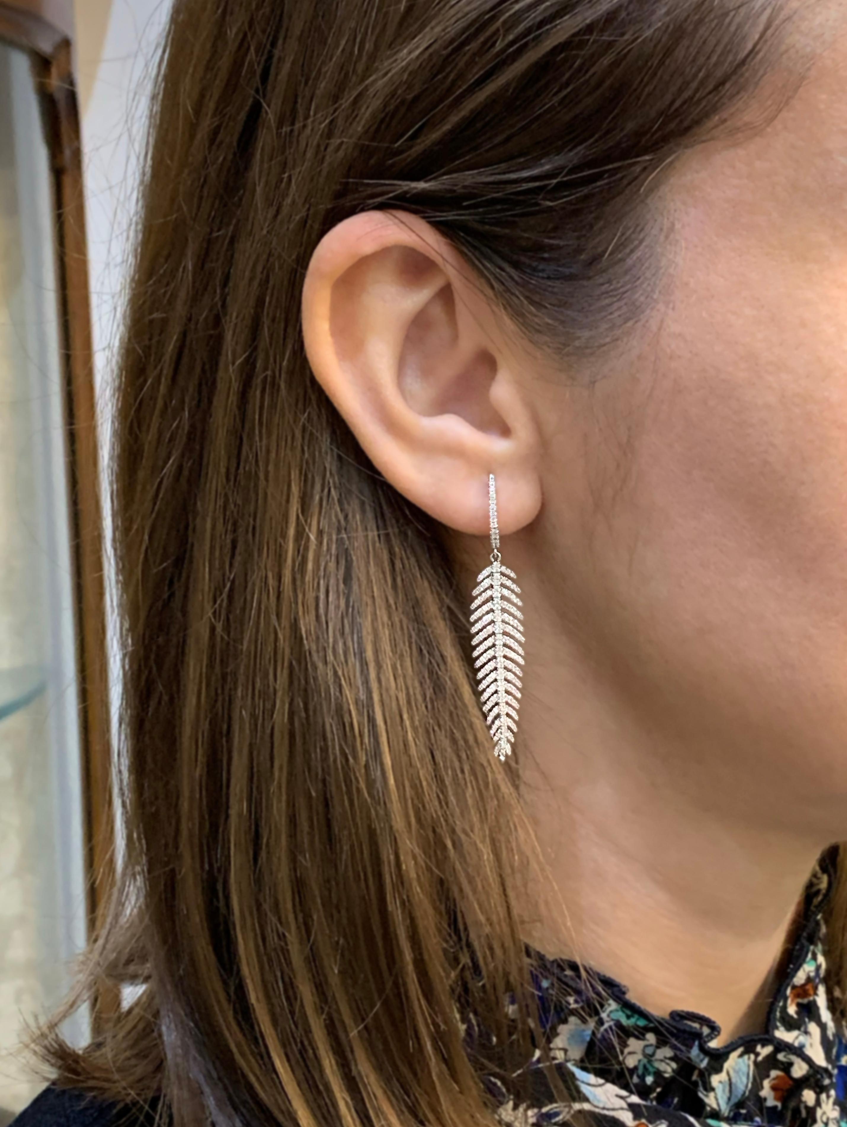 Modern 18 Carat White Gold Diamond Feather Drop Earrings
