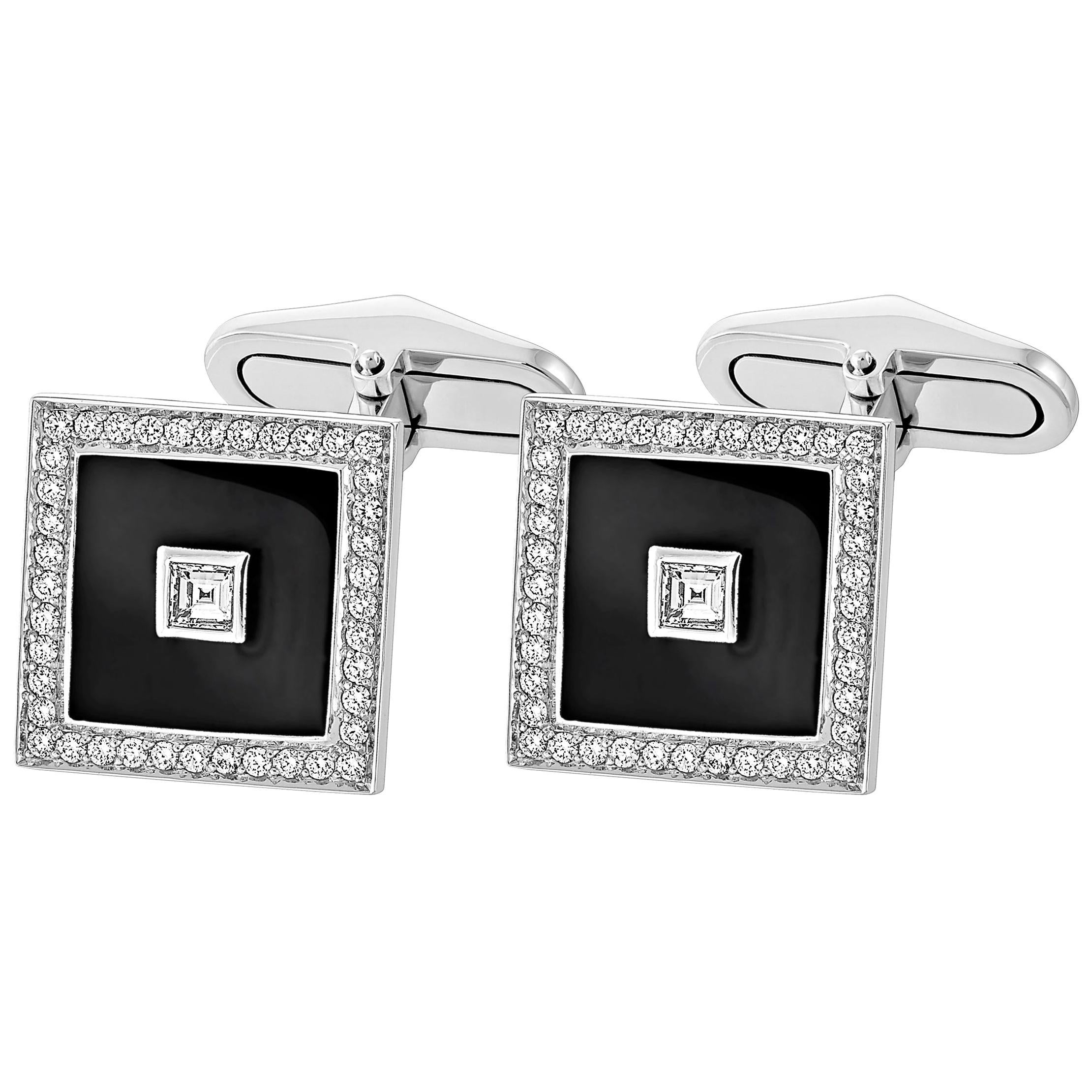 18 Carat White Gold Diamond Square Pave' and Black Enamel Cufflinks