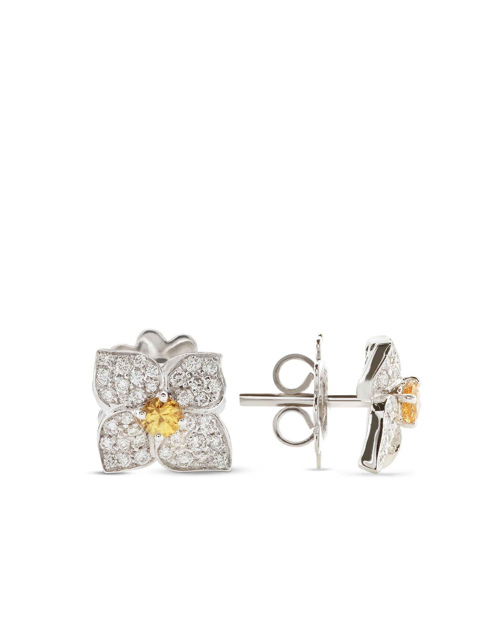 Brilliant Cut 18 Carat White Gold, Diamonds and Yellow Sapphires, Ortensia Earrings Leonori For Sale