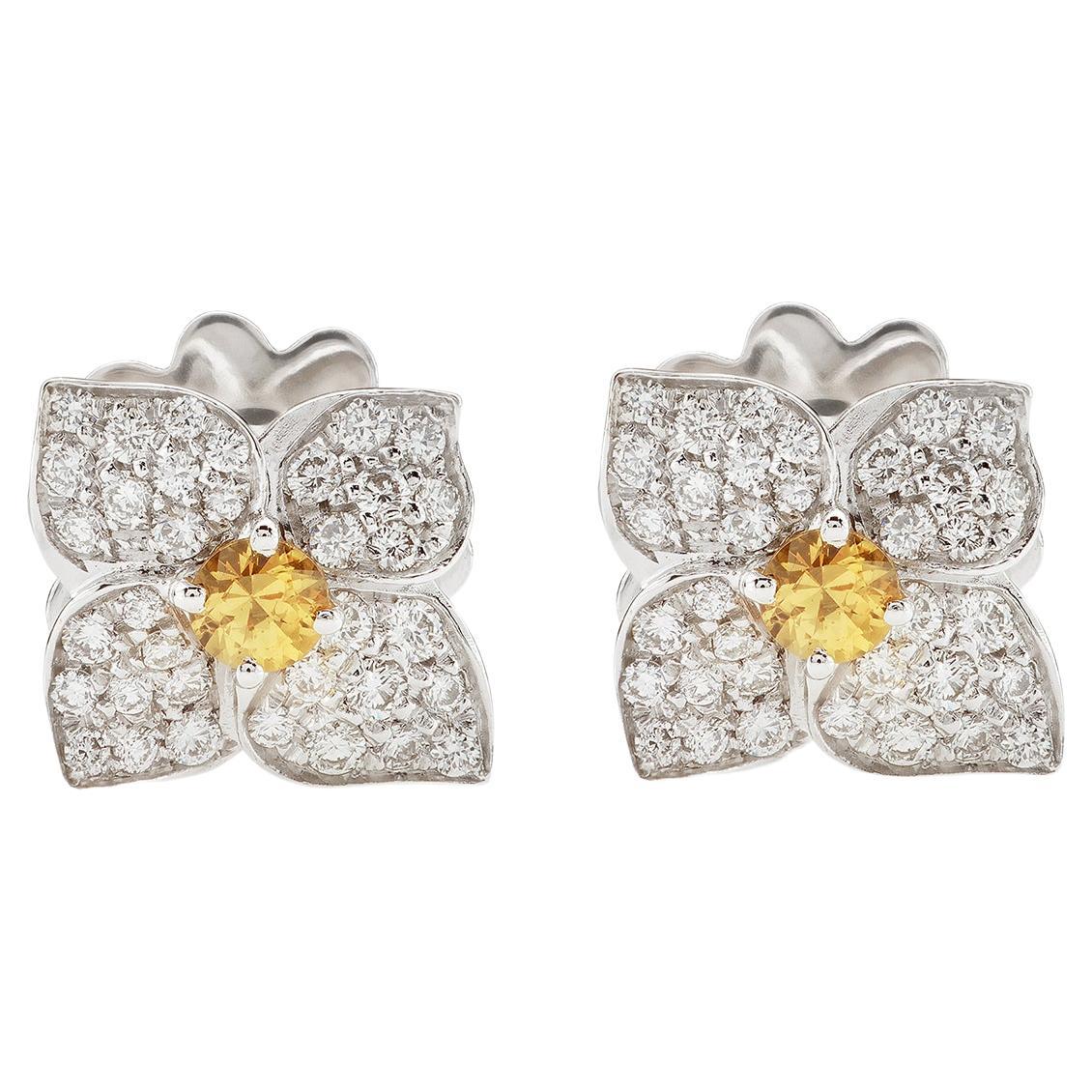 18 Carat White Gold, Diamonds and Yellow Sapphires, Ortensia Earrings Leonori For Sale