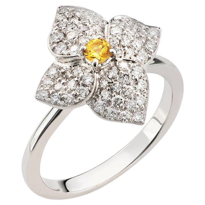18 Carat White Gold, Diamonds and Yellow Sapphires, Ortensia Ring Flower Jewelry
