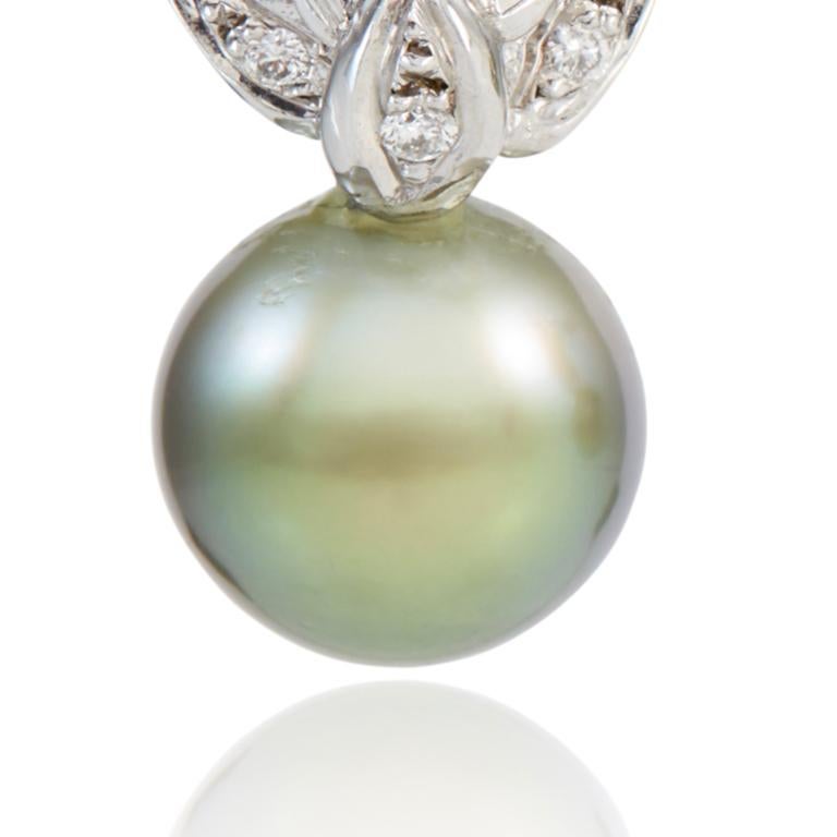 18 carat white gold earrings pavé set with diamond brilliants with a Tahitian pearl drop on the base. With post and butterfly fittings. Please note this item is made to order and a similar but not identical piece can be made. Allow four weeks to