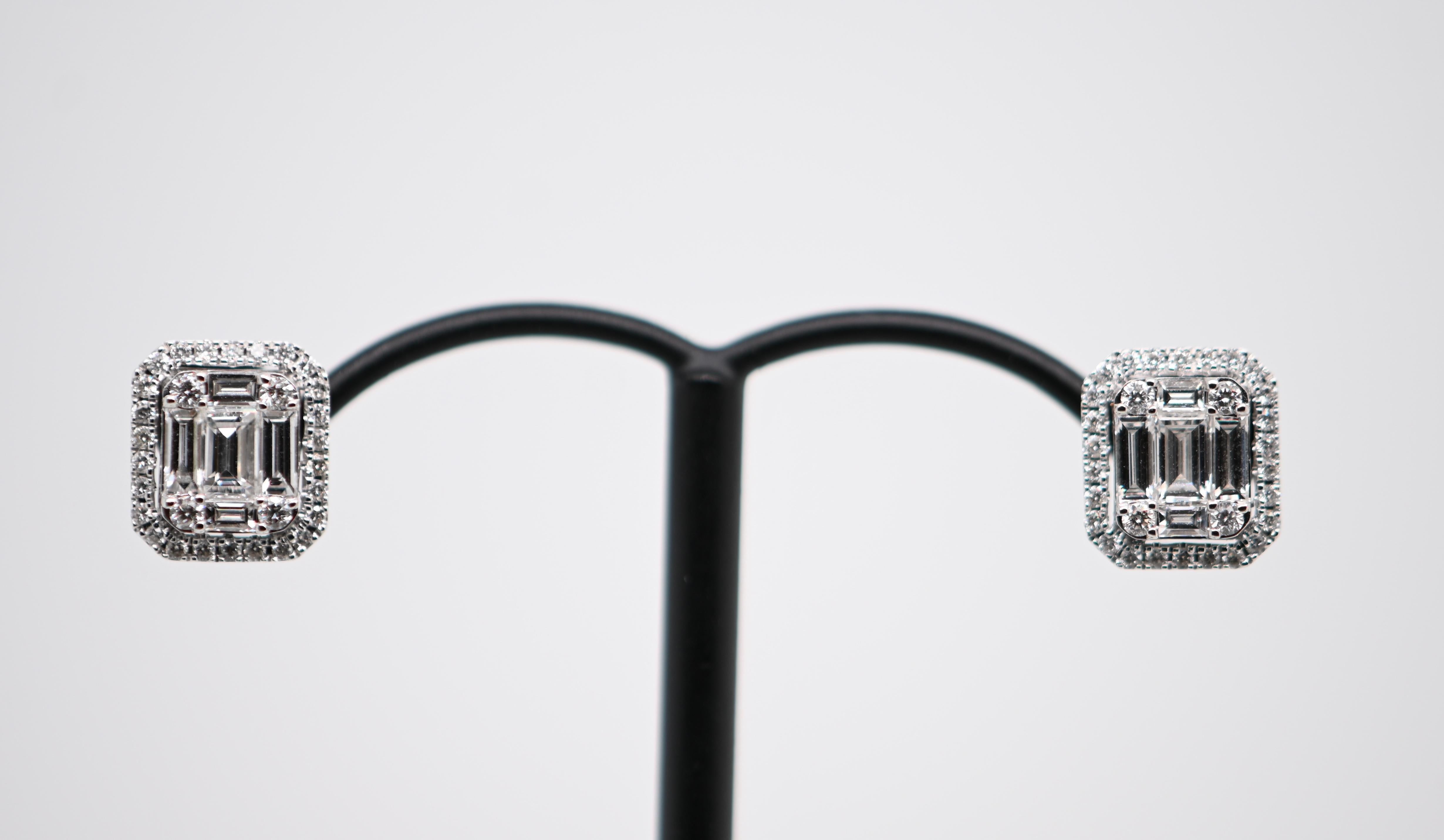 Baguette Cut 18-Carat White Gold Earrings with 70 Diamonds Totaling 0.70 Carats For Sale