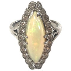 Vintage 18 Carat White Gold Edwardian Opal and Diamond Marquise Shape Cluster Ring