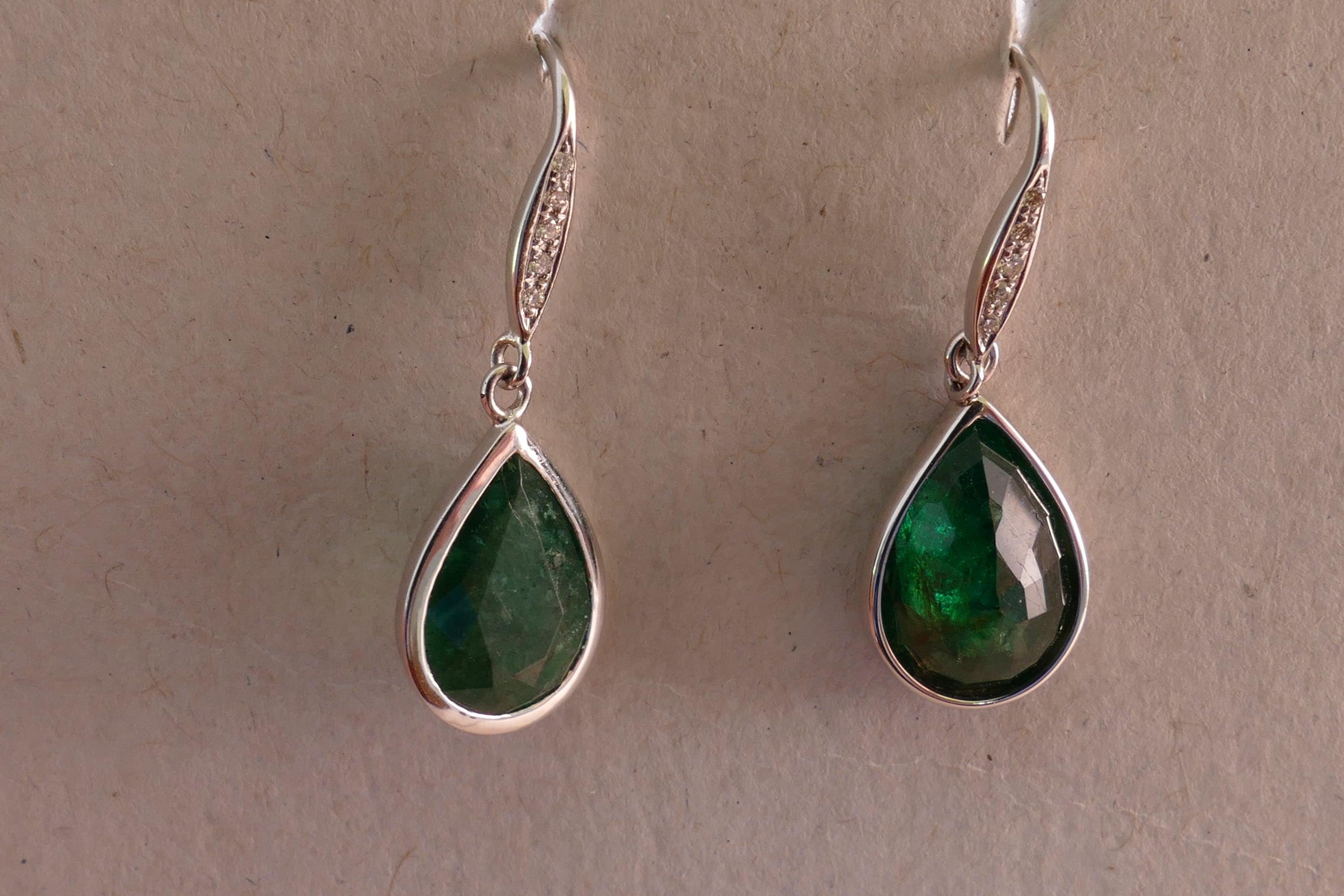 Emerald Cut 18 Carat White Gold Emerald and Diamond Earrings