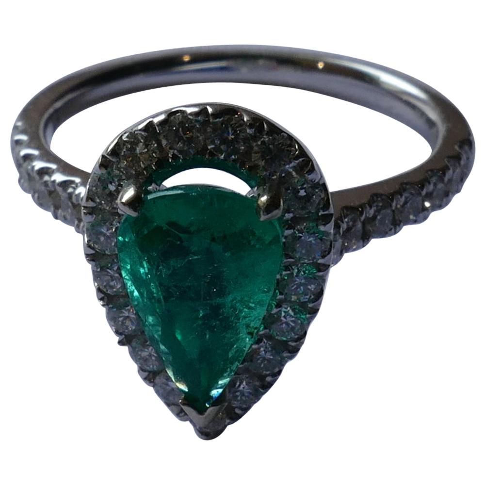 18 Carat White Gold Emerald and Diamond Pear Cut Ring