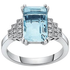 18 Carat White Gold Emerald Cut Aquamarine and Brilliant Cut Diamond Ring