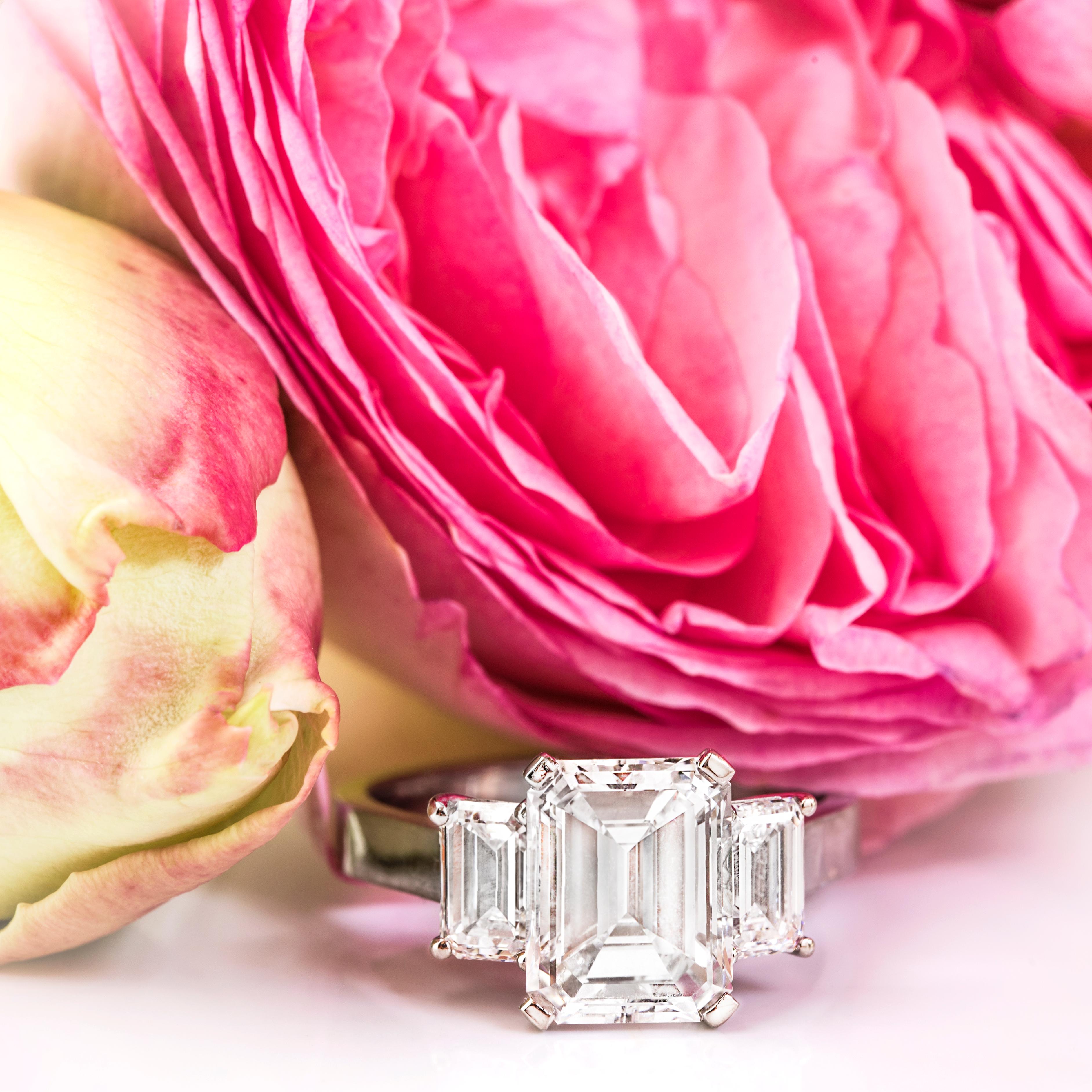 Women's 18 Carat White Gold Emerald Cut Diamond Three-Stone Ring