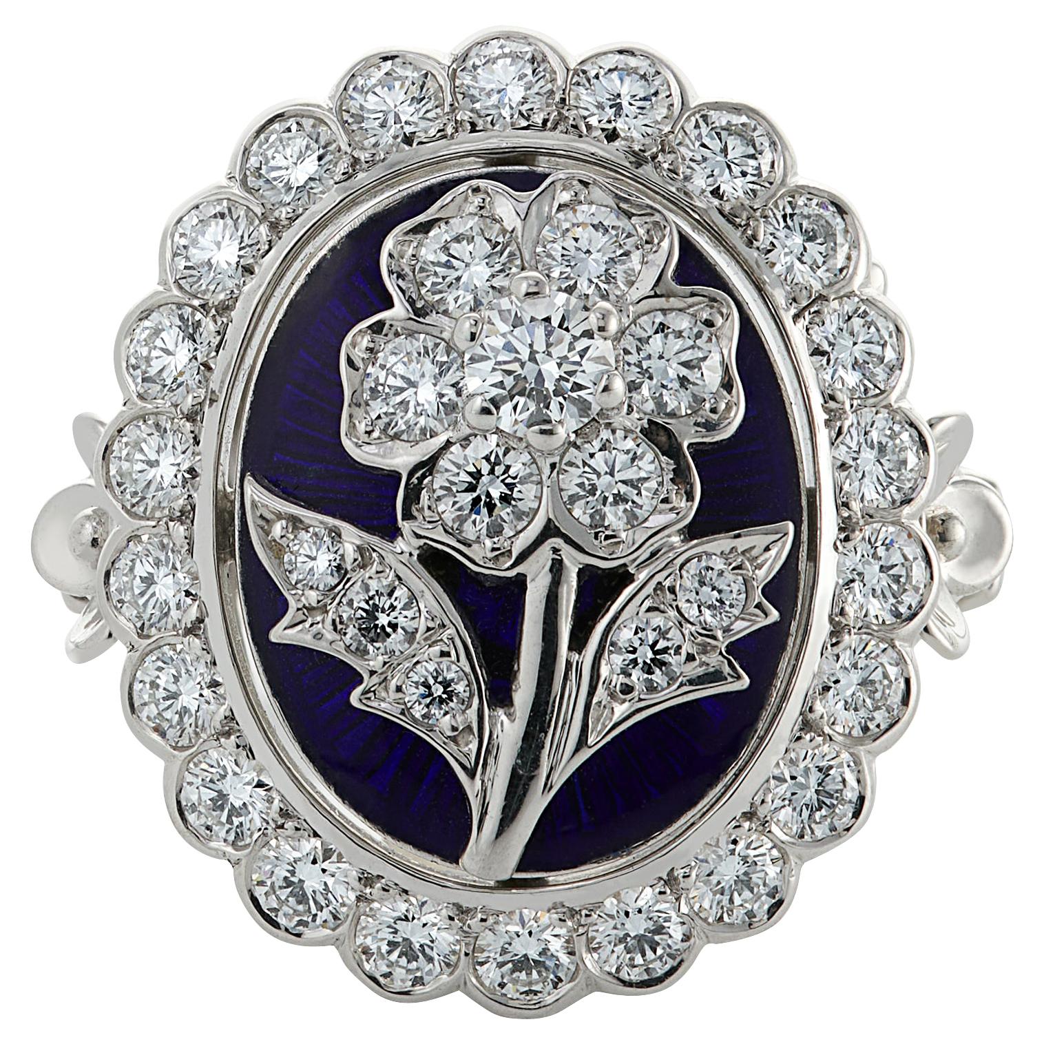 Anillo Flor de Oro Blanco de 18 Quilates con Esmalte y Diamantes de 1,52 Quilates