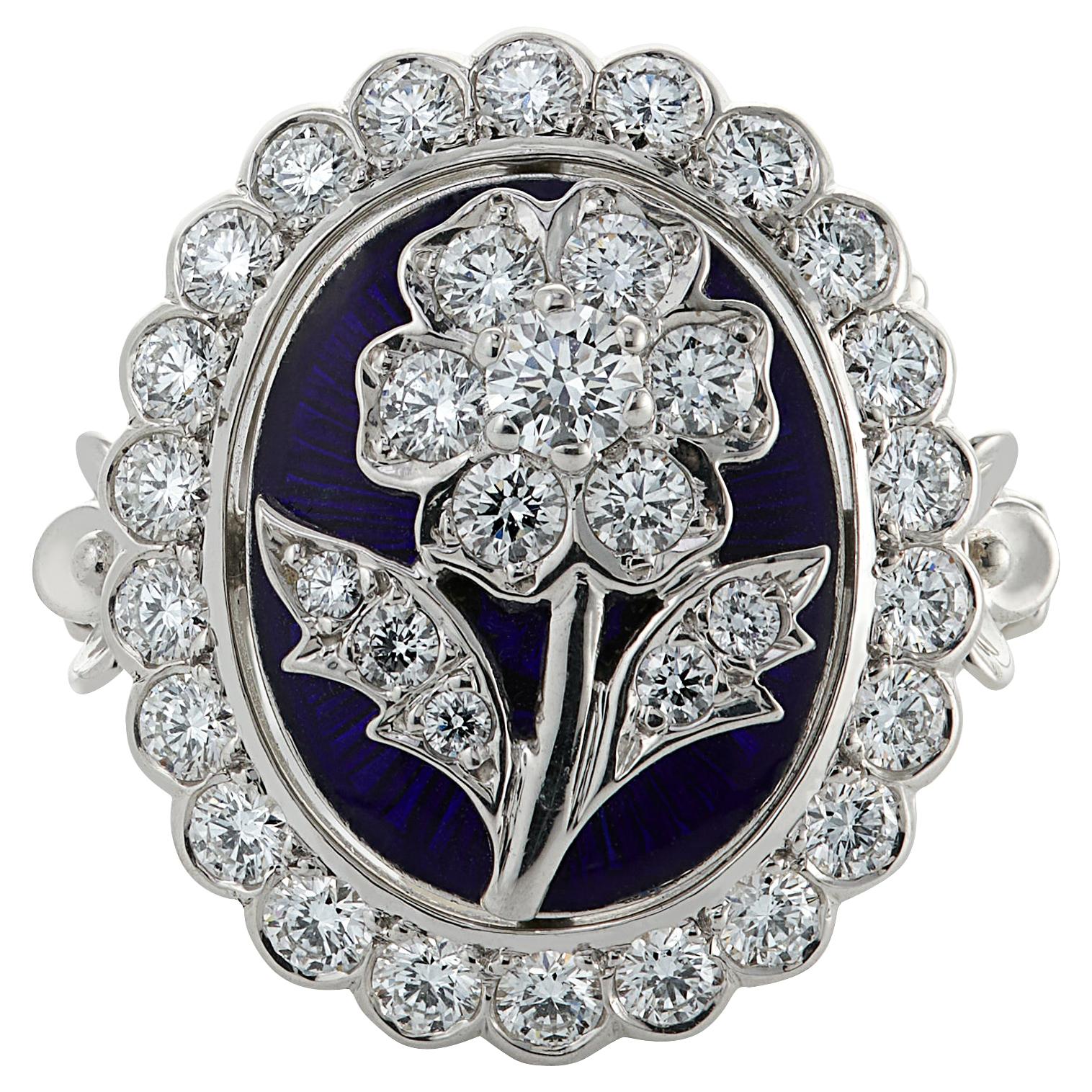 18 Carat White Gold Enamel and 1.52 Carats Diamond Flower Ring For Sale