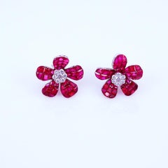 18 Carat White Gold Flower Ruby and Diamond Invisible Earrings