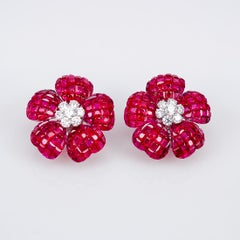 18 Carat White Gold Flower Ruby and Diamond Invisible Earrings