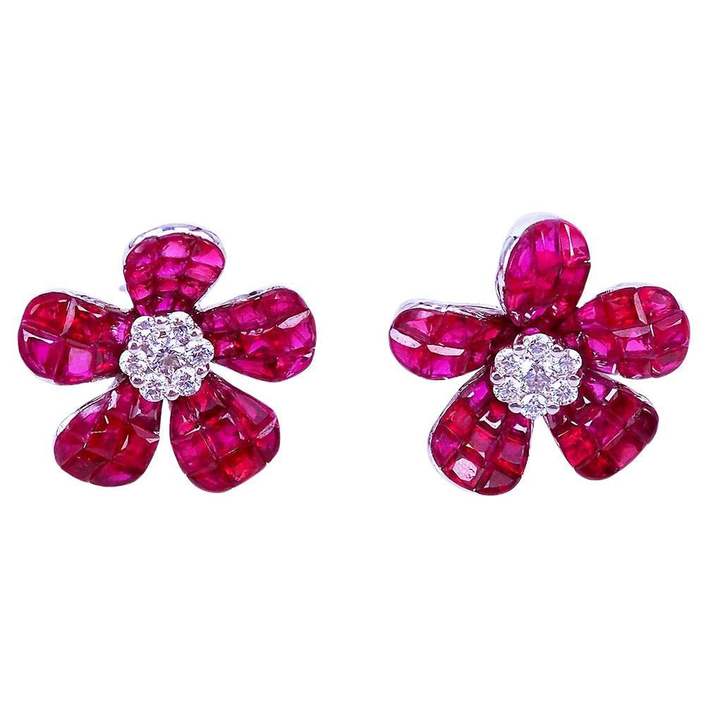 Pendientes Invisibles Flor de Rubí y Diamante en Oro Blanco de 18 Quilates en venta