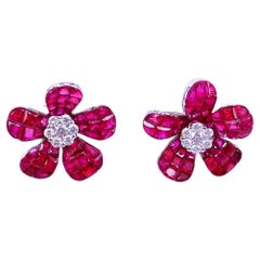 18 Carat White Gold Flower Ruby and Diamond Invisible Earrings