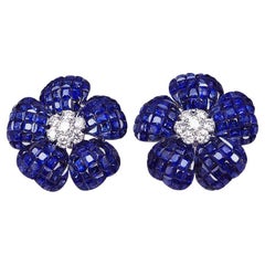 18 Carat White Gold Flower Sapphire and Diamond Invisible Earrings