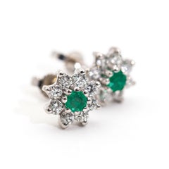 18 Carat White Gold Green Emerald and Diamond Cluster Vintage Stud Earrings