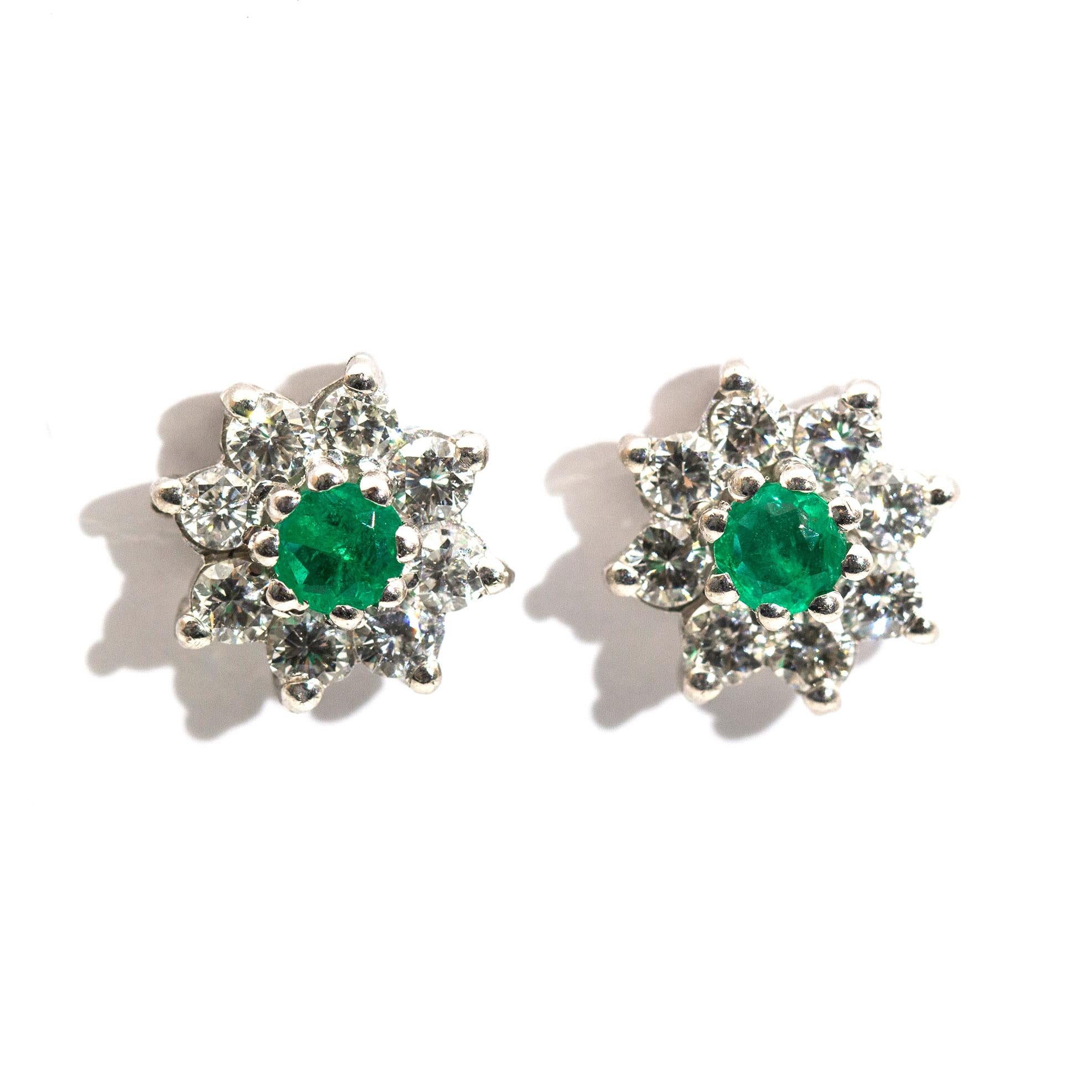 Women's 18 Carat White Gold Green Emerald and Diamond Cluster Vintage Stud Earrings