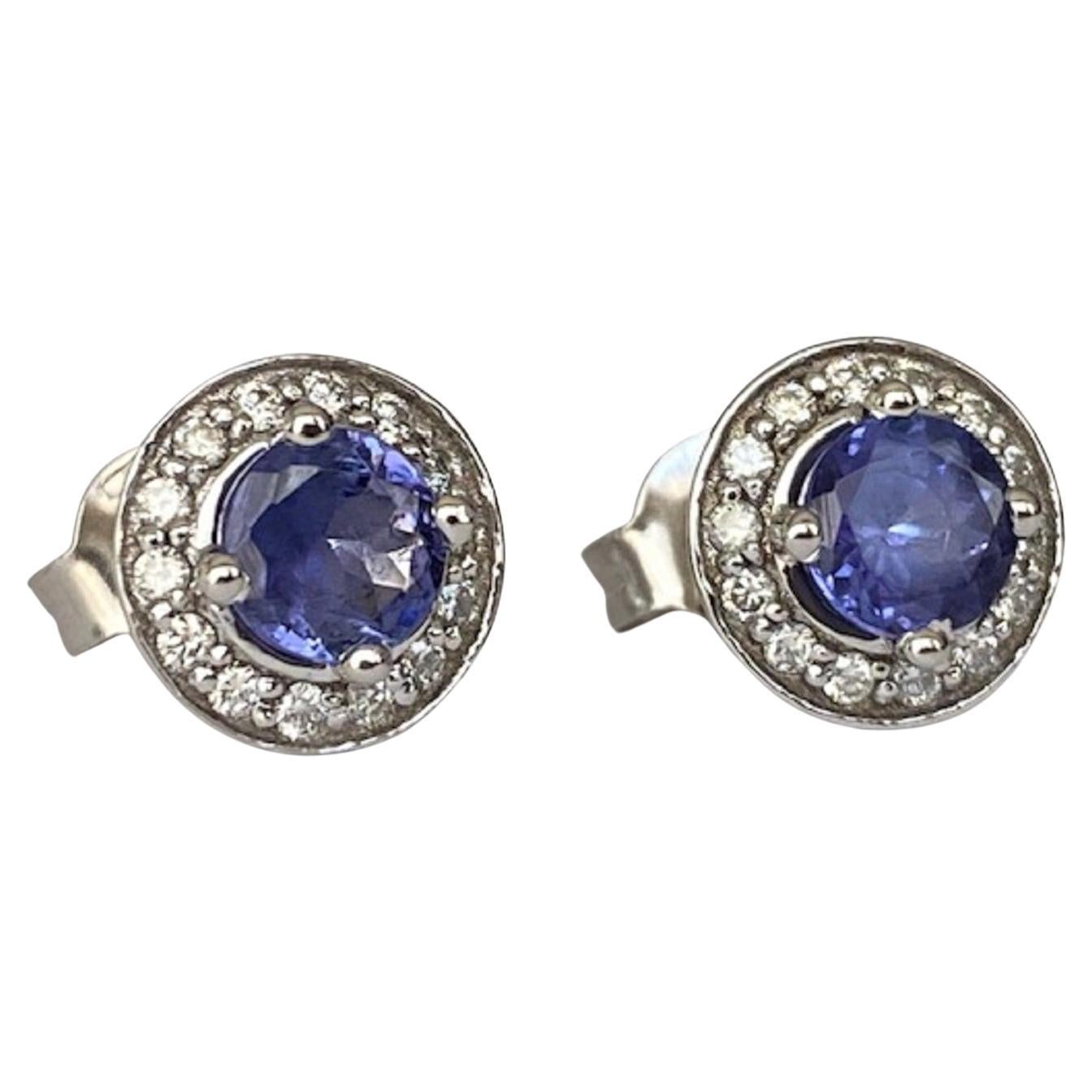 18 Carat White Gold Halo Earrings with Tanzanite & Diamonds