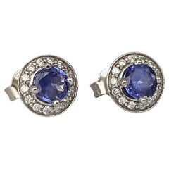 18 Carat White Gold Halo Earrings with Tanzanite & Diamonds