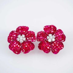 18 Carat White Gold Invisible Ruby and Diamond Clip-On Earrings