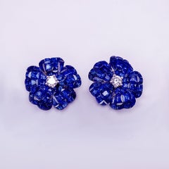 18 Karat White Gold Invisible Sapphire Flower Stud Earrings