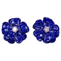 18 Carat White Gold Invisible Sapphire Flower Stud Earrings