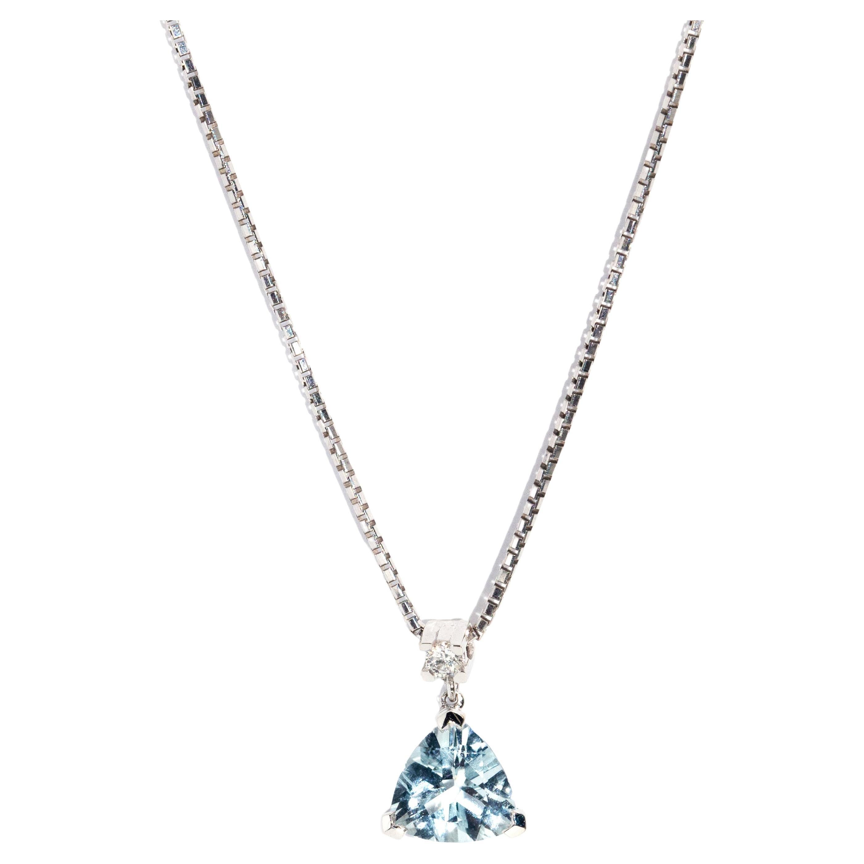 18 Carat White Gold Light Blue Trilliant Cut Aquamarine and Diamond Drop Pendant