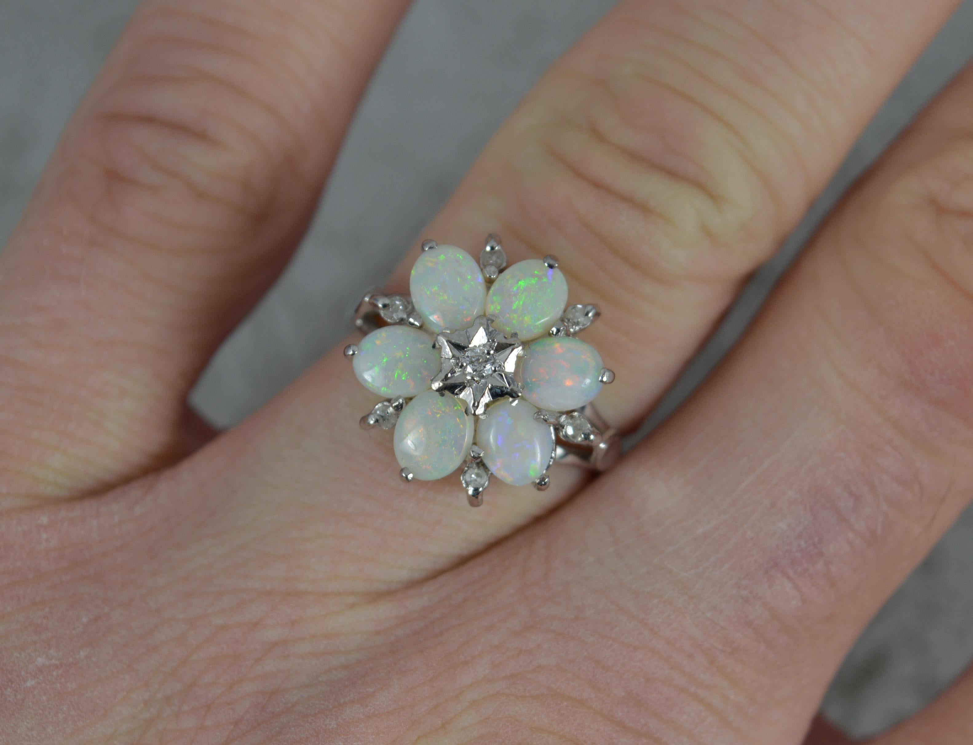Retro 18 Carat White Gold Natural Opal and Diamond Snowflake Cluster Ring