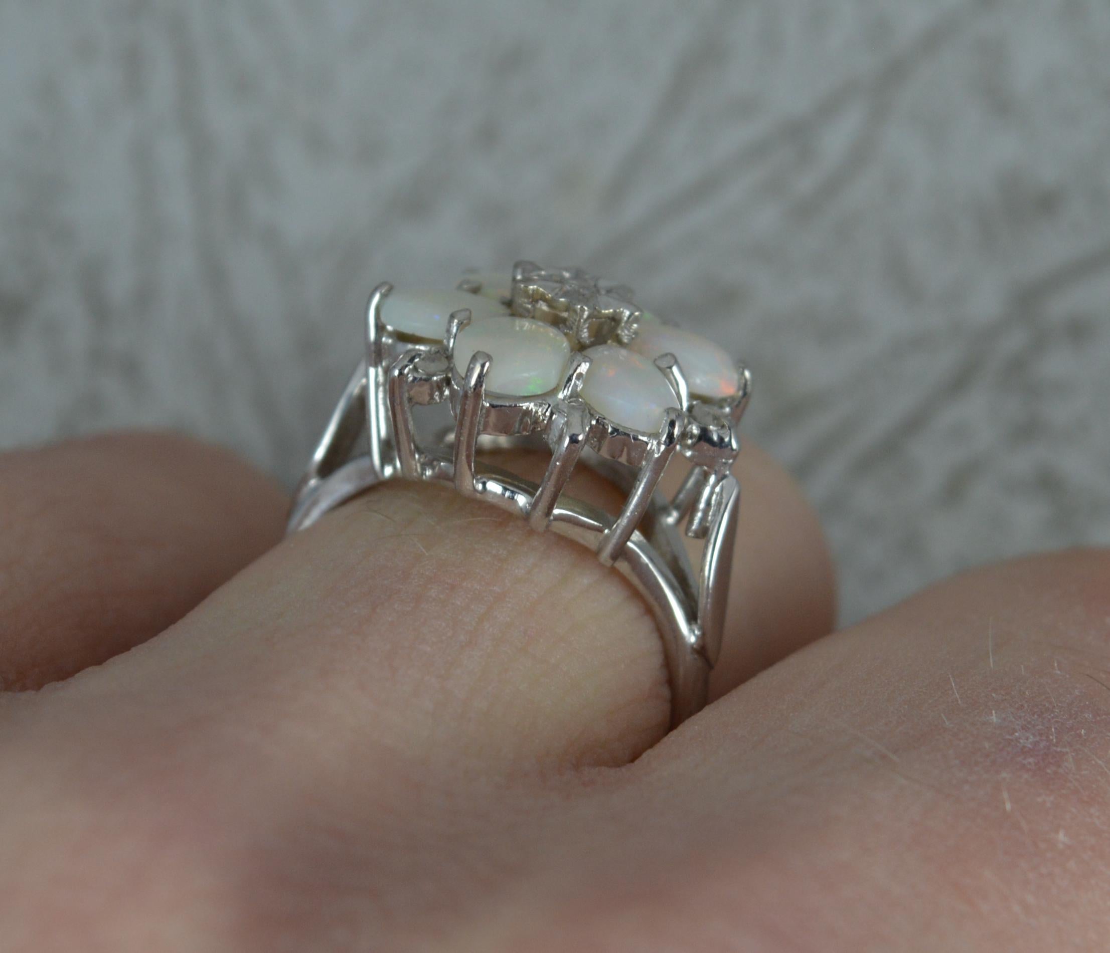 Round Cut 18 Carat White Gold Natural Opal and Diamond Snowflake Cluster Ring