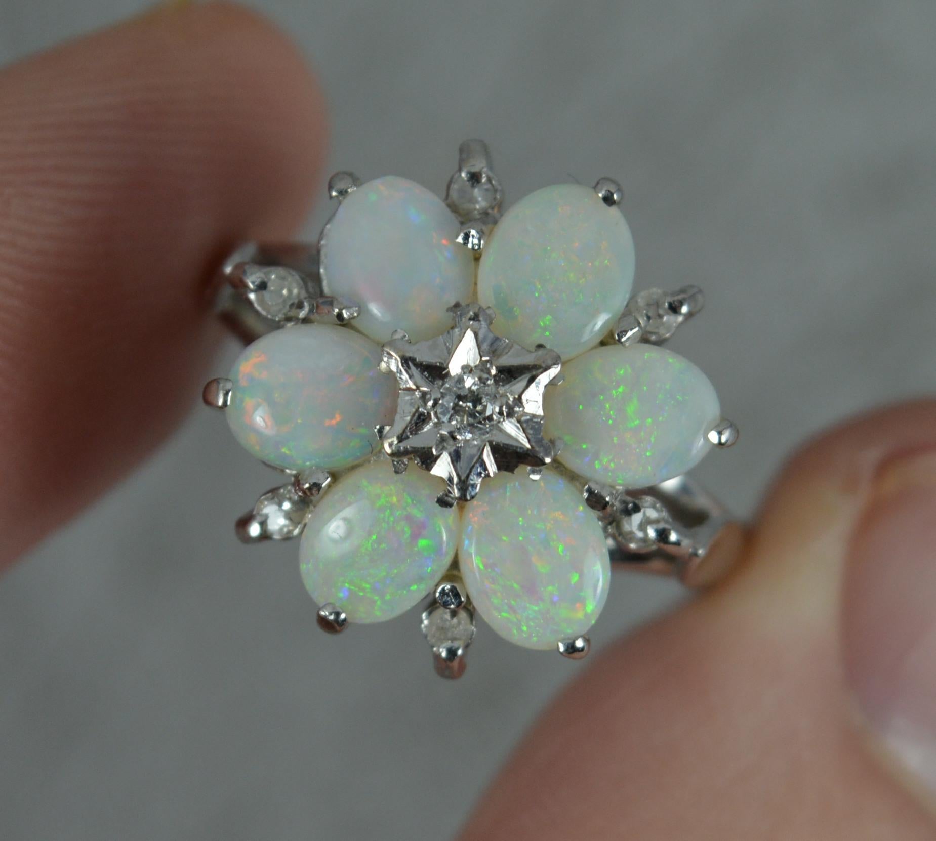 Women's 18 Carat White Gold Natural Opal and Diamond Snowflake Cluster Ring