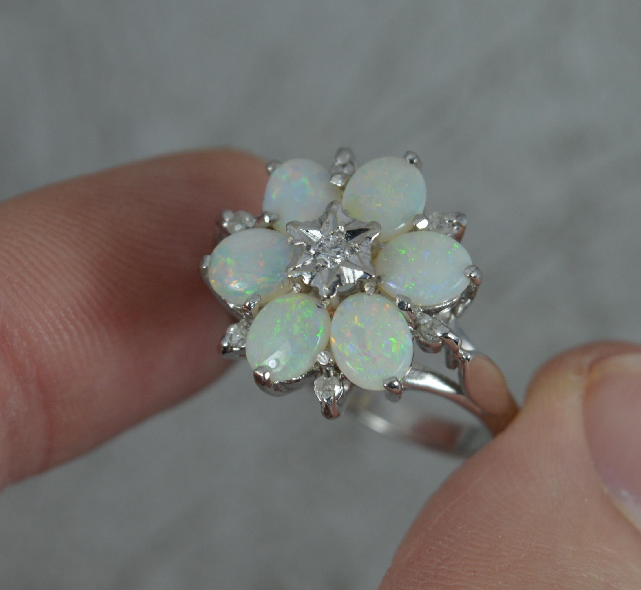 18 Carat White Gold Natural Opal and Diamond Snowflake Cluster Ring 1