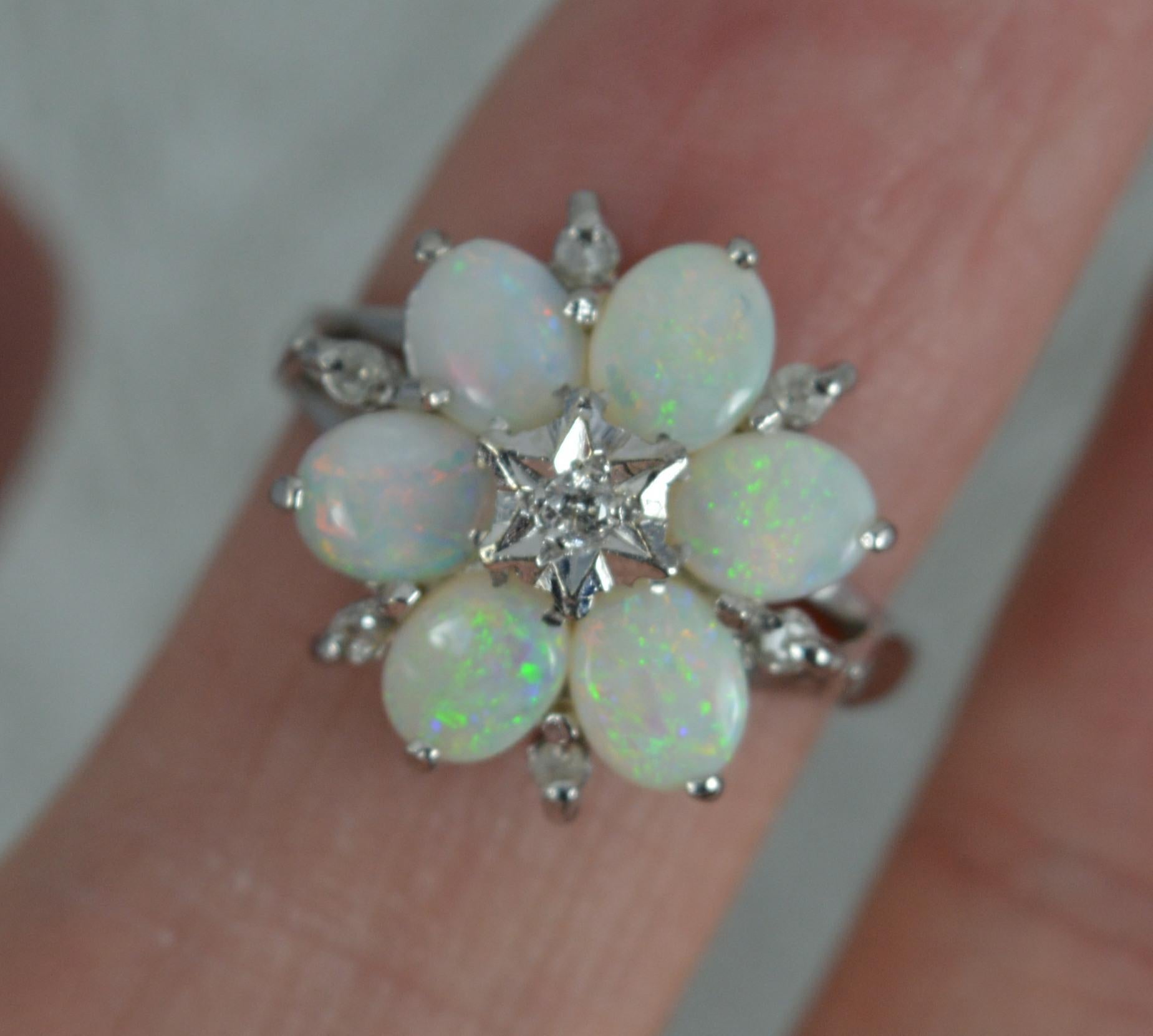 18 Carat White Gold Natural Opal and Diamond Snowflake Cluster Ring 2
