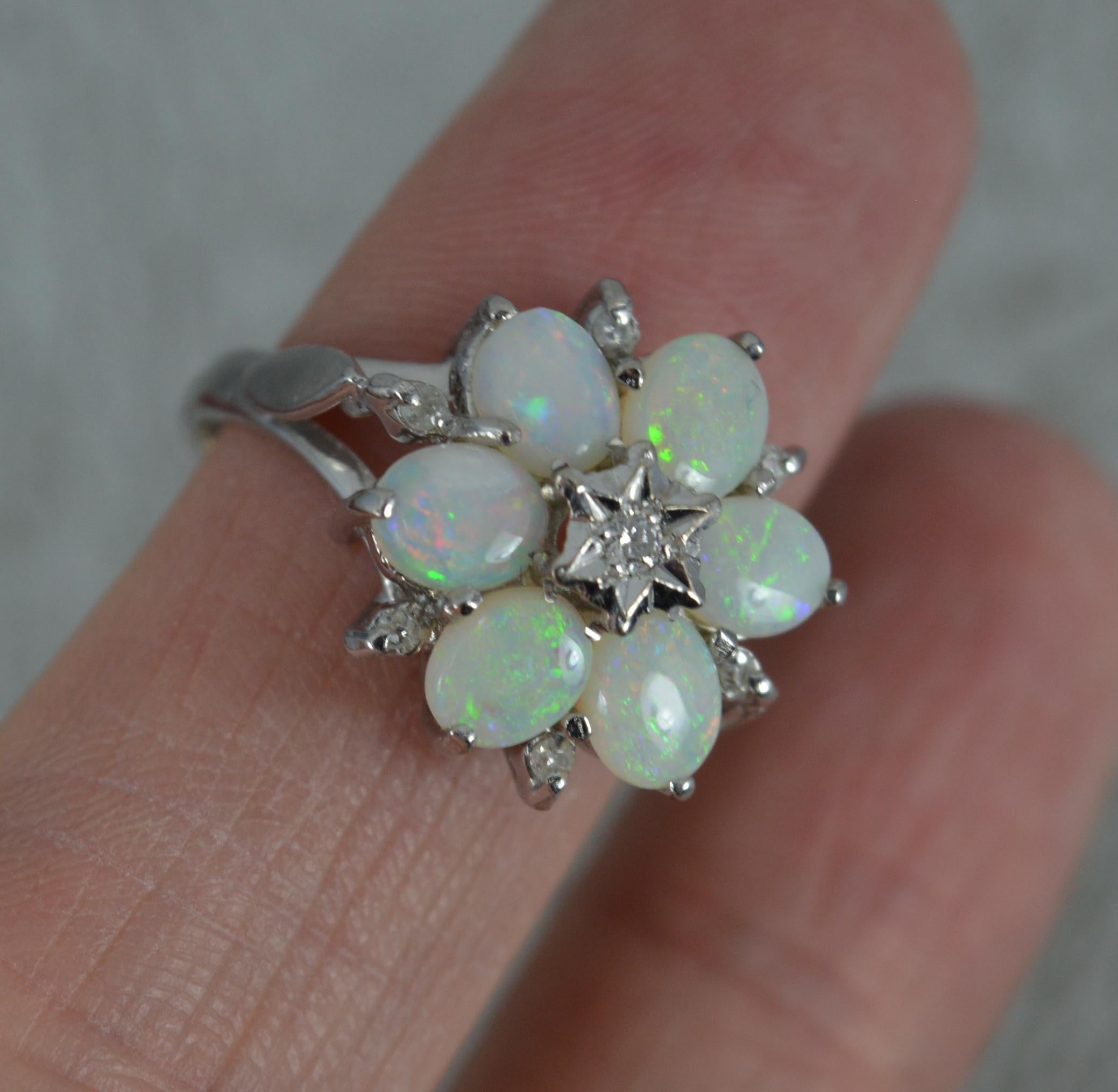 18 Carat White Gold Natural Opal and Diamond Snowflake Cluster Ring 3