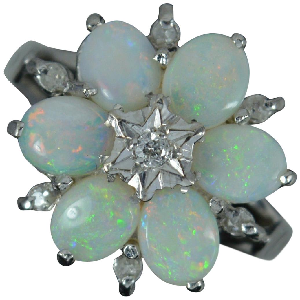 18 Carat White Gold Natural Opal and Diamond Snowflake Cluster Ring