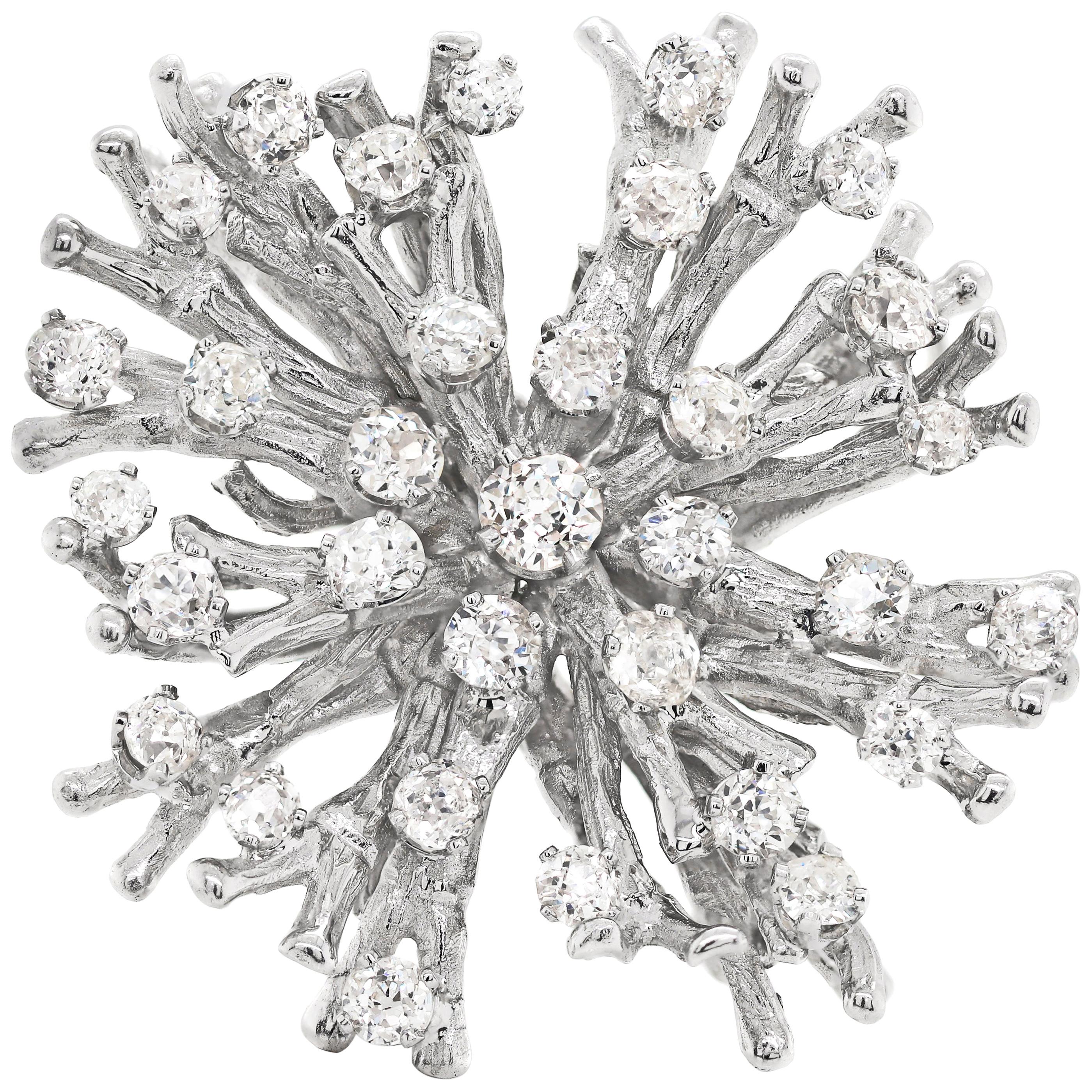 18 Carat White Gold Old Cut Diamond Coral Pendant Brooch For Sale