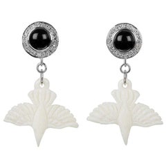 18 Carat White Gold, Onyx, Diamond and Hand Carved Bone Bird Earrings