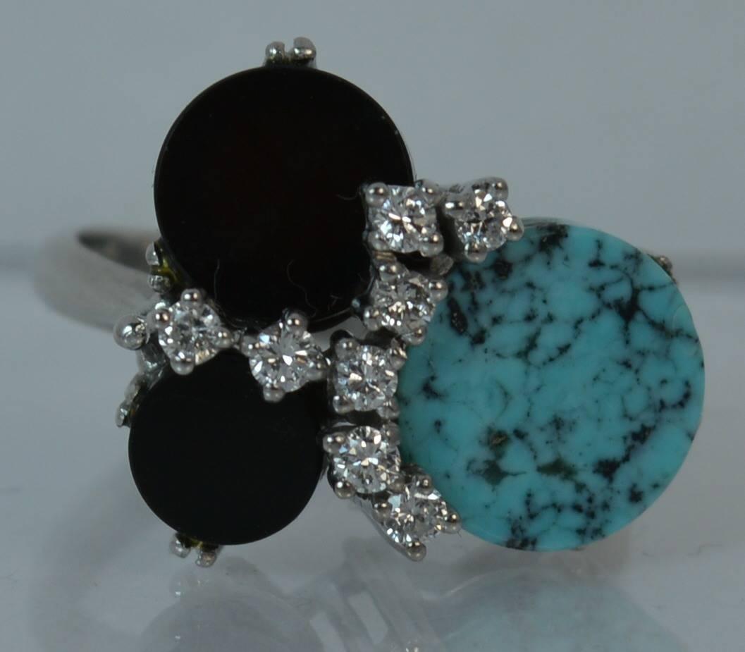  18 Carat White Gold Onyx Turquoise and Diamond Abstract Ring 5