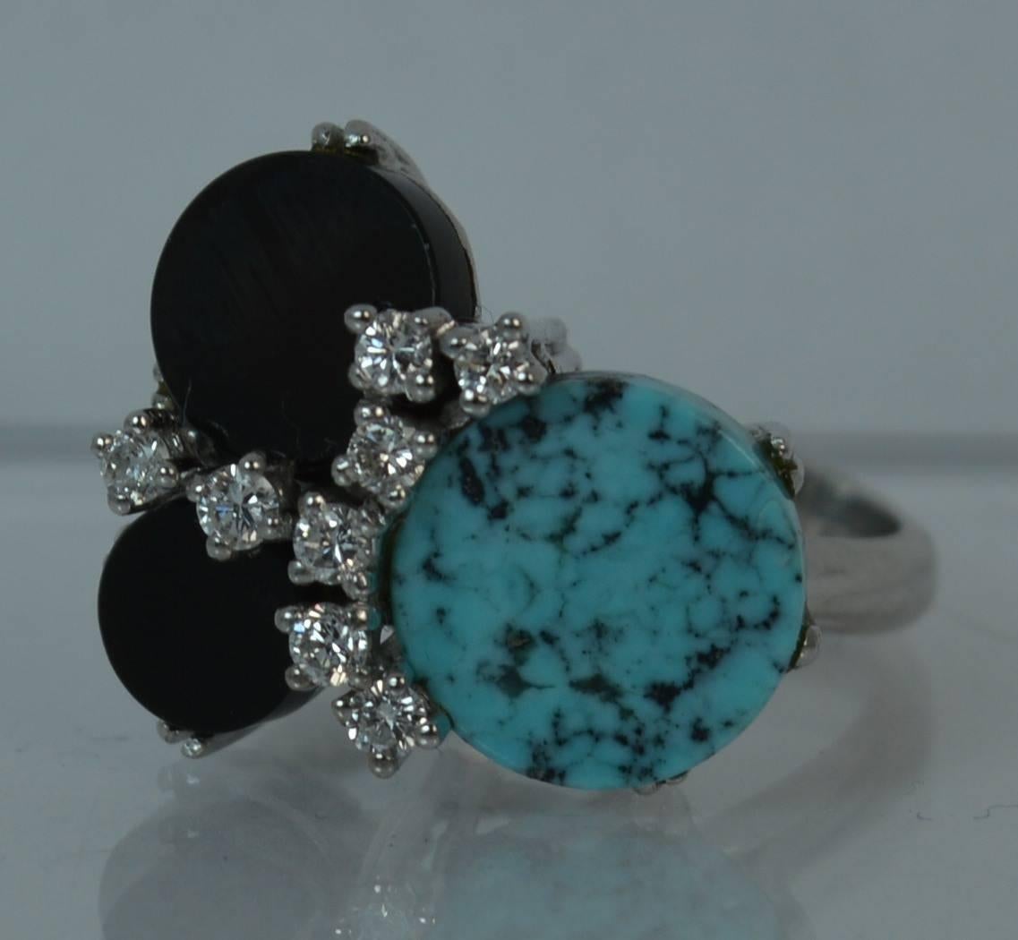  18 Carat White Gold Onyx Turquoise and Diamond Abstract Ring 6