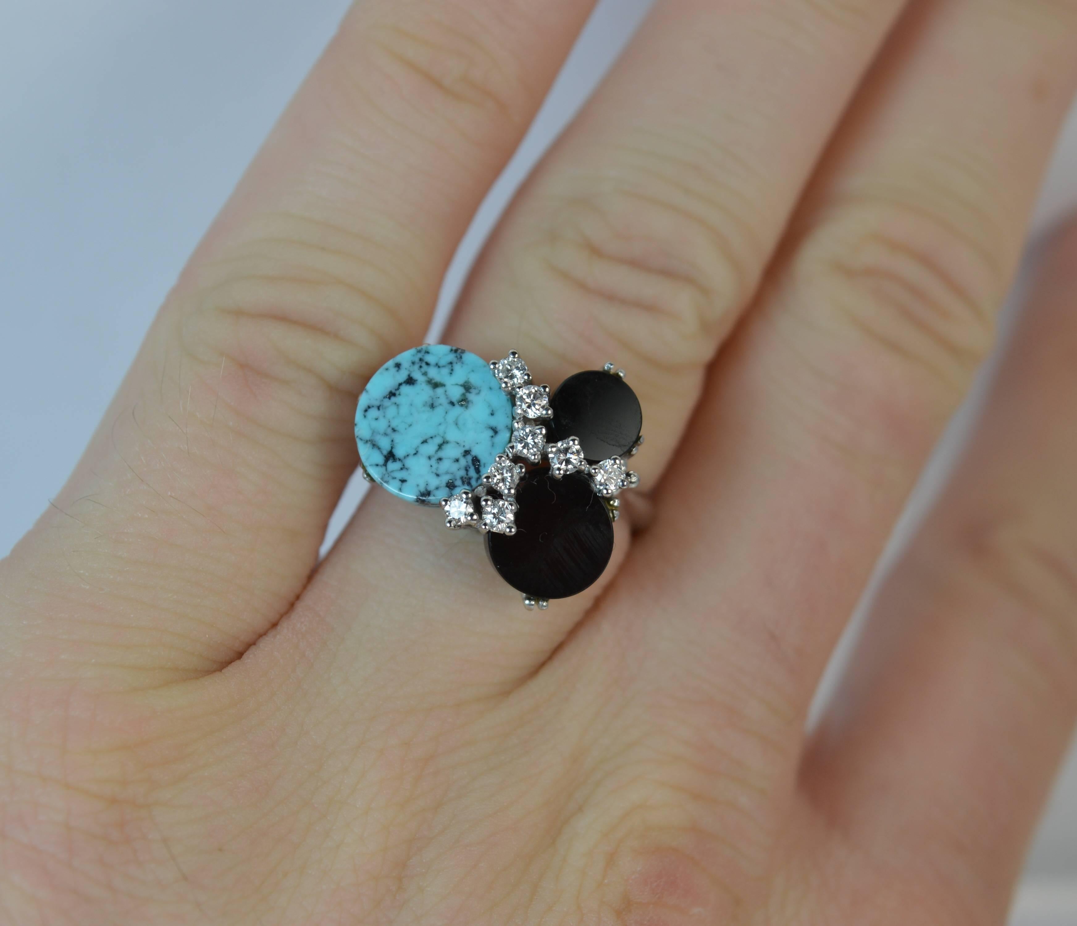  18 Carat White Gold Onyx Turquoise and Diamond Abstract Ring In Excellent Condition In St Helens, GB