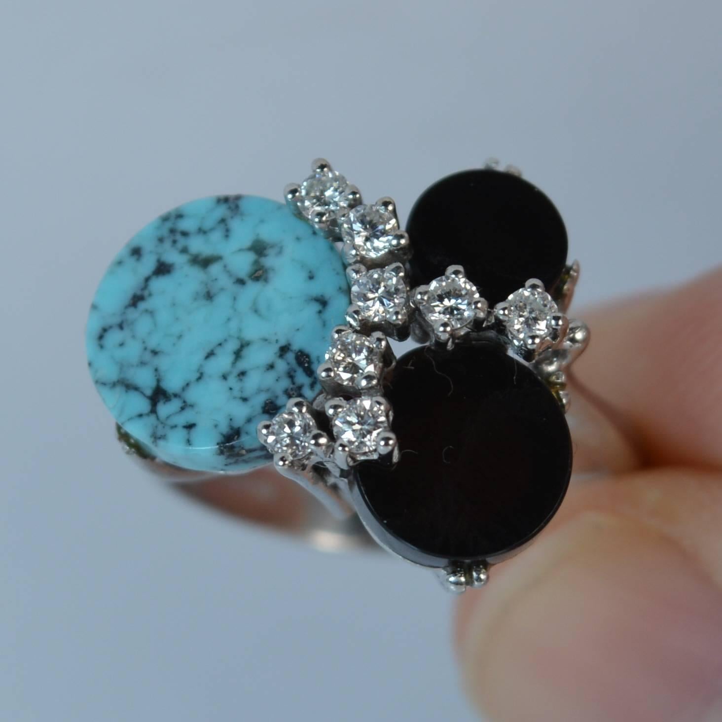 Women's  18 Carat White Gold Onyx Turquoise and Diamond Abstract Ring
