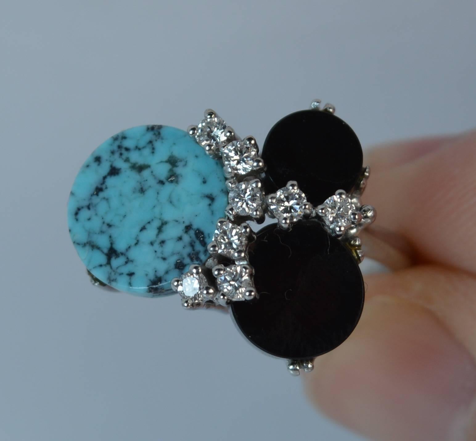  18 Carat White Gold Onyx Turquoise and Diamond Abstract Ring 1