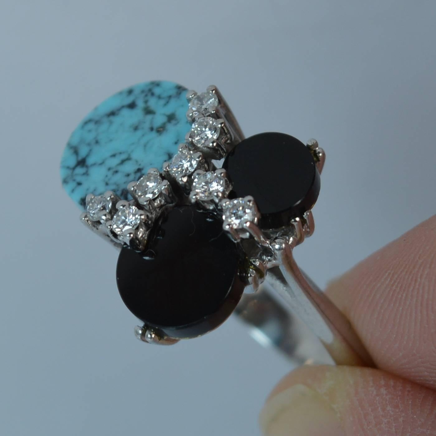  18 Carat White Gold Onyx Turquoise and Diamond Abstract Ring 2