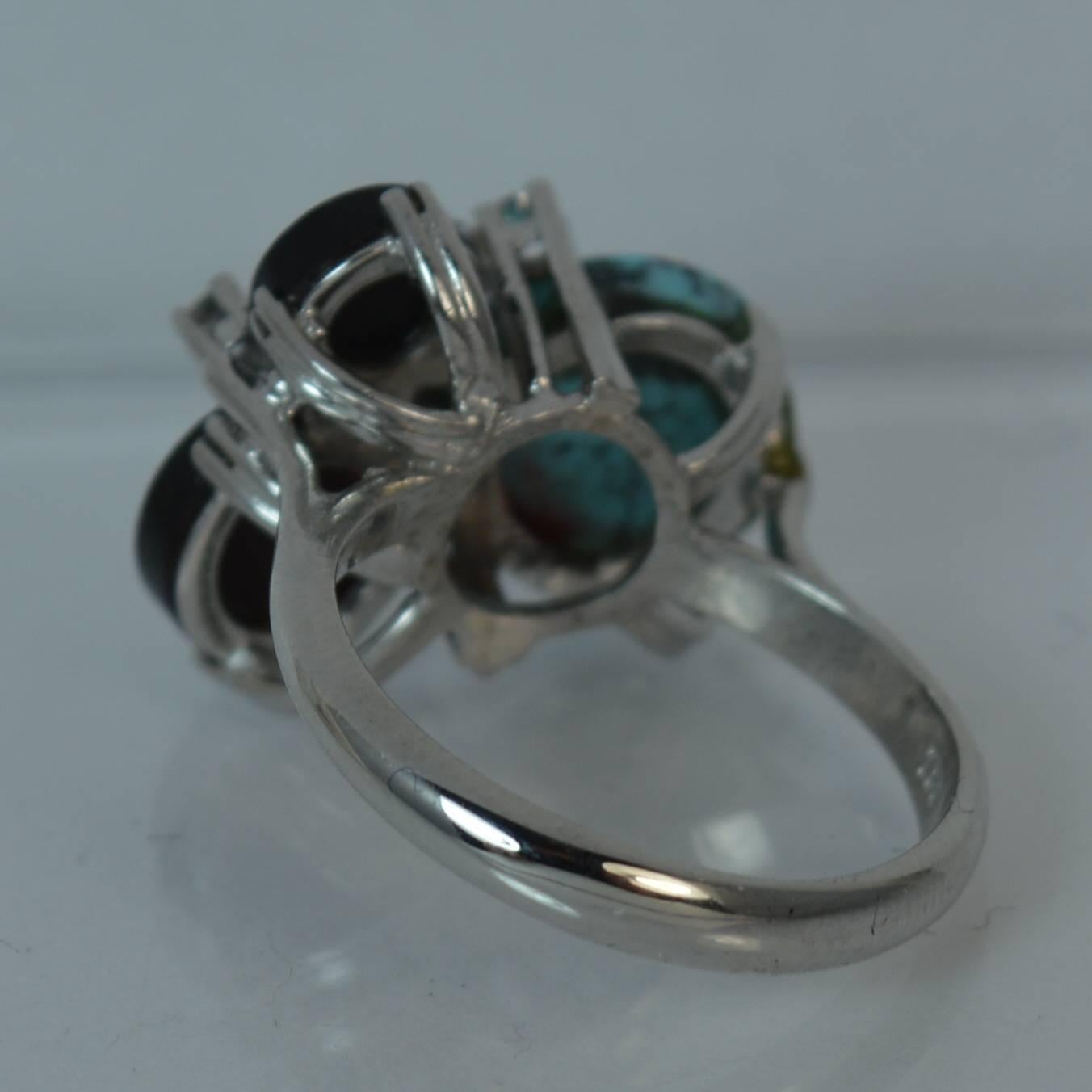  18 Carat White Gold Onyx Turquoise and Diamond Abstract Ring 3