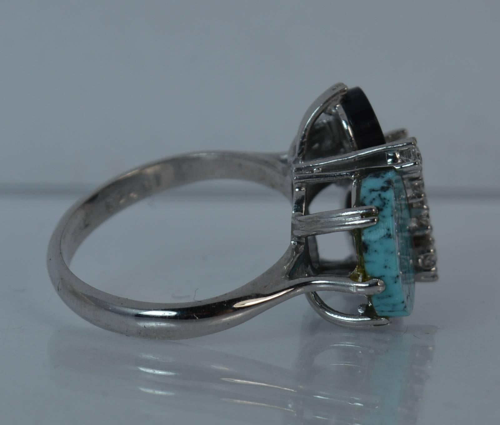  18 Carat White Gold Onyx Turquoise and Diamond Abstract Ring 4