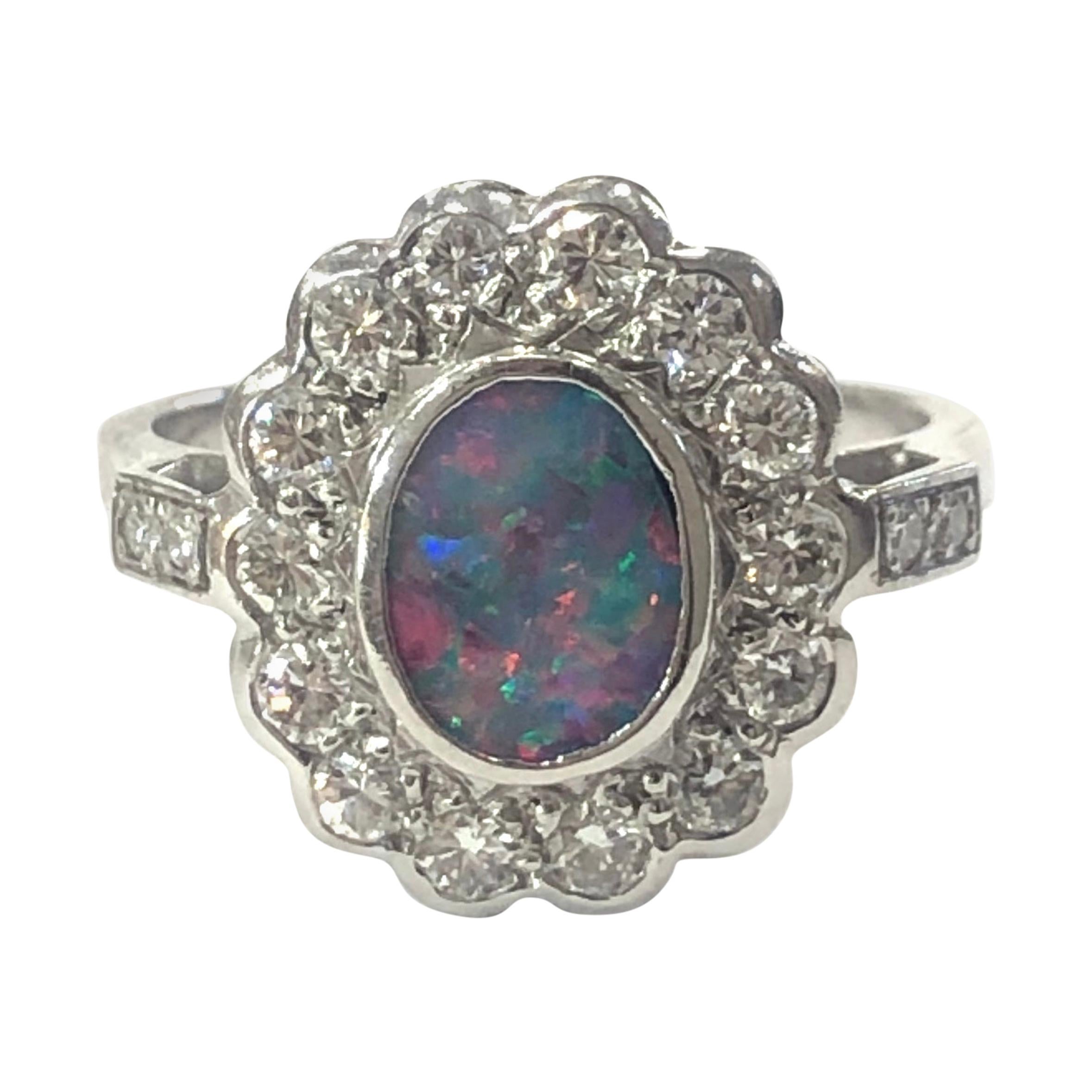 18 Carat White Gold Opal and Diamond Cluster Ring For Sale