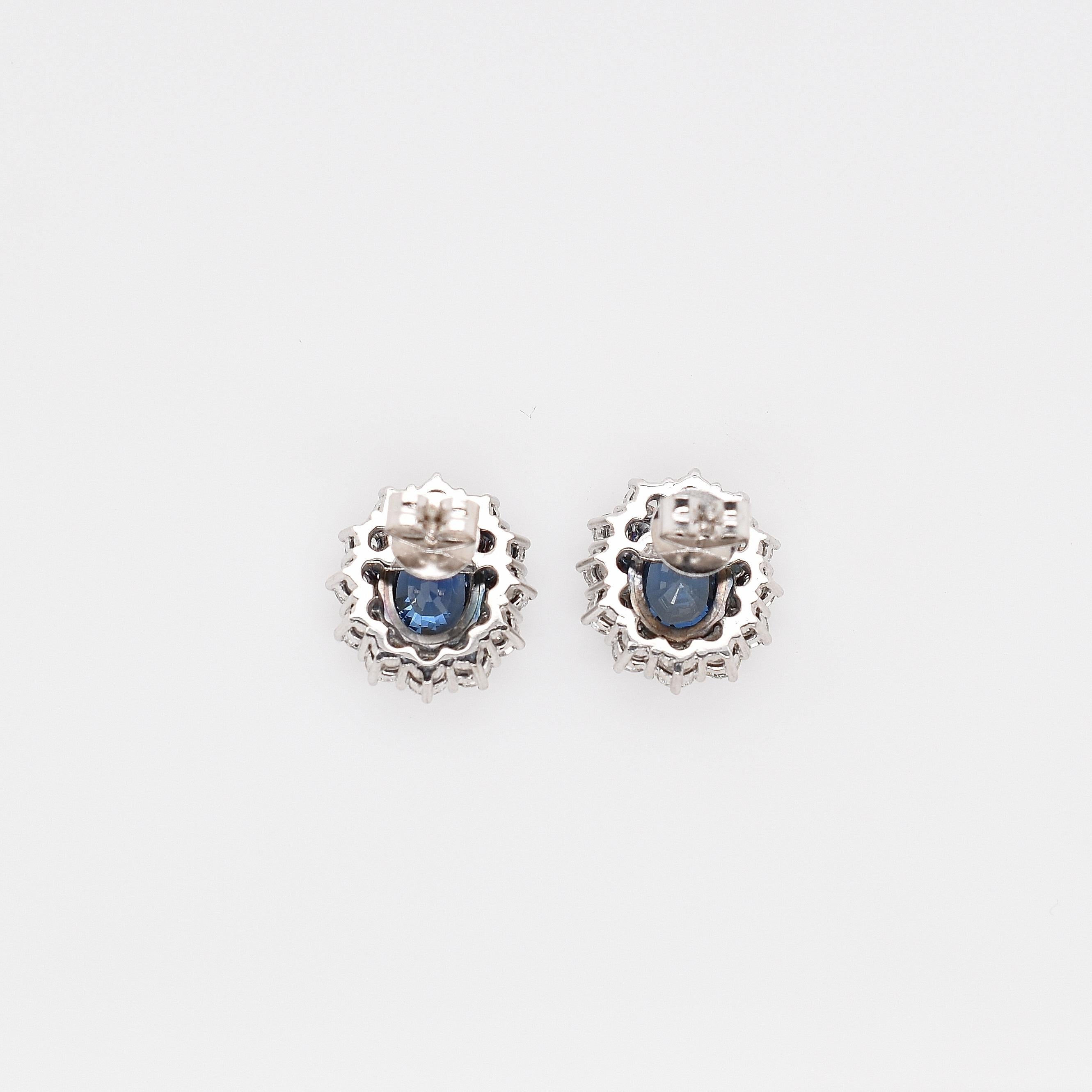 Oval Cut 18 Carat White Gold Oval Ceylon Sapphire and Diamond Cluster Stud Earrings
