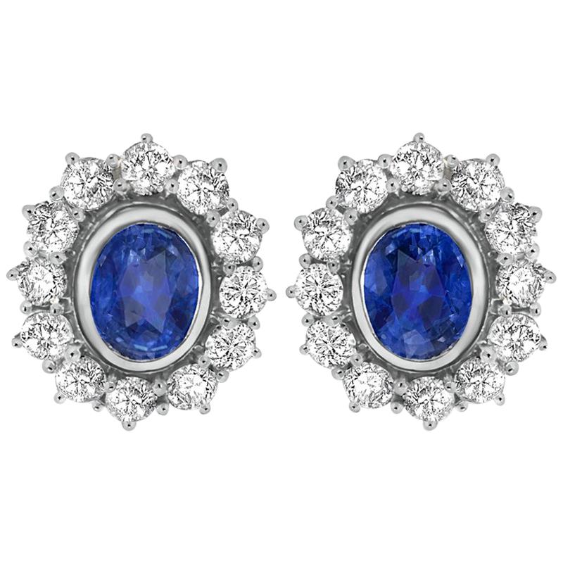 18 Carat White Gold Oval Ceylon Sapphire and Diamond Cluster Stud Earrings