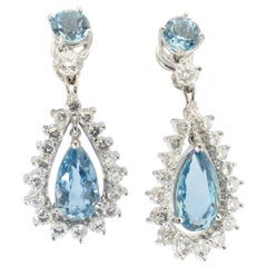 18 Carat White Gold Pear Cut Aquamarine and Diamond Drop Earrings